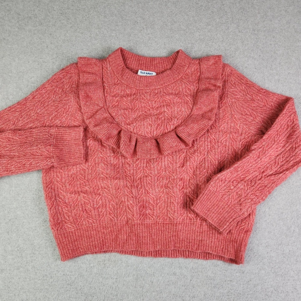 Old Navy Sweater Womens Medium Coral Pink Cable Knit Wool Blend Soft Ruffle Neck